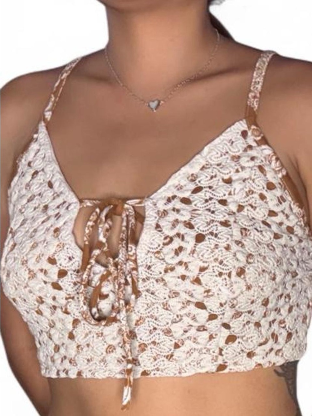 Earthbound S Cream/Brown Crochet Crop TOP